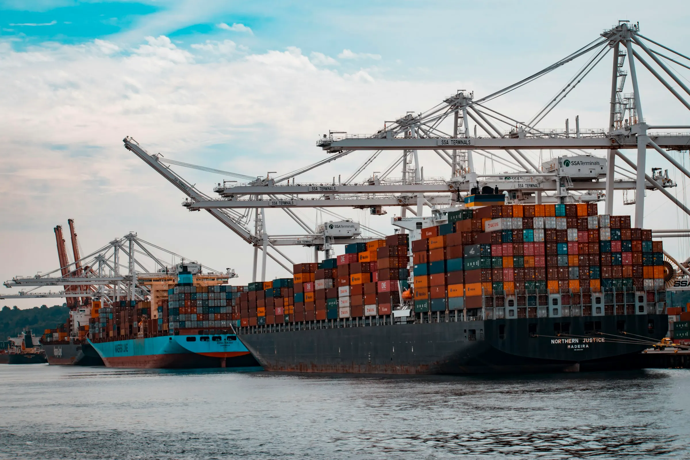 Container ships berthed beneath gantry cranes at an international container terminal
