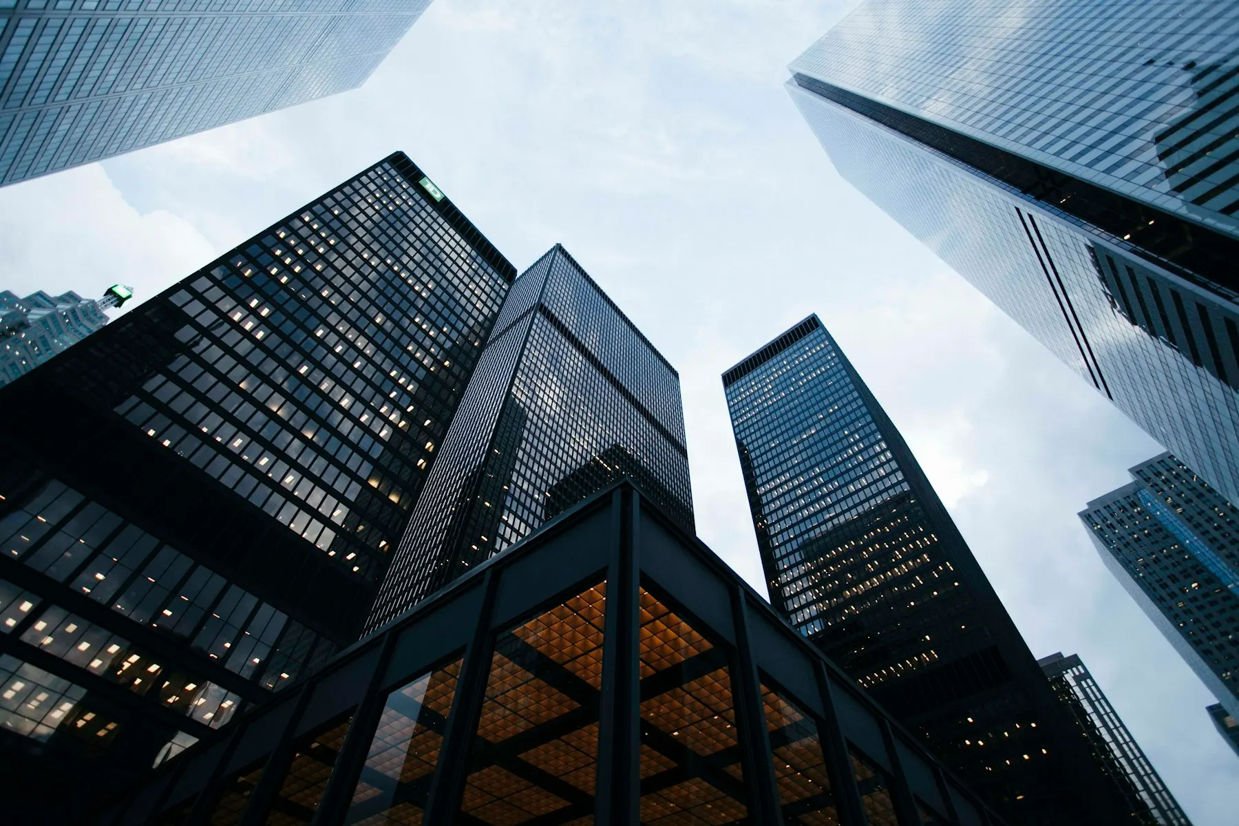 Modern office towers viewed from street level